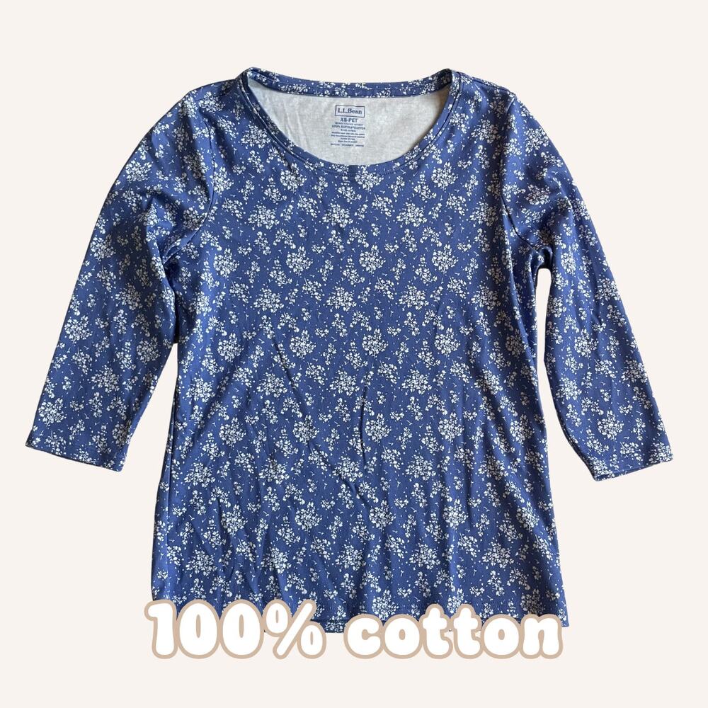 L.L.BEAN blue floral shirt 3/4 sleeve item ID 505547 100% cotton XS petite